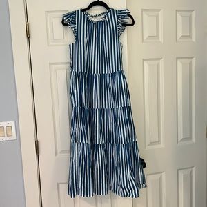 Blue Green White Striped MIDI/Maxi Dress with Flutter Sleeves